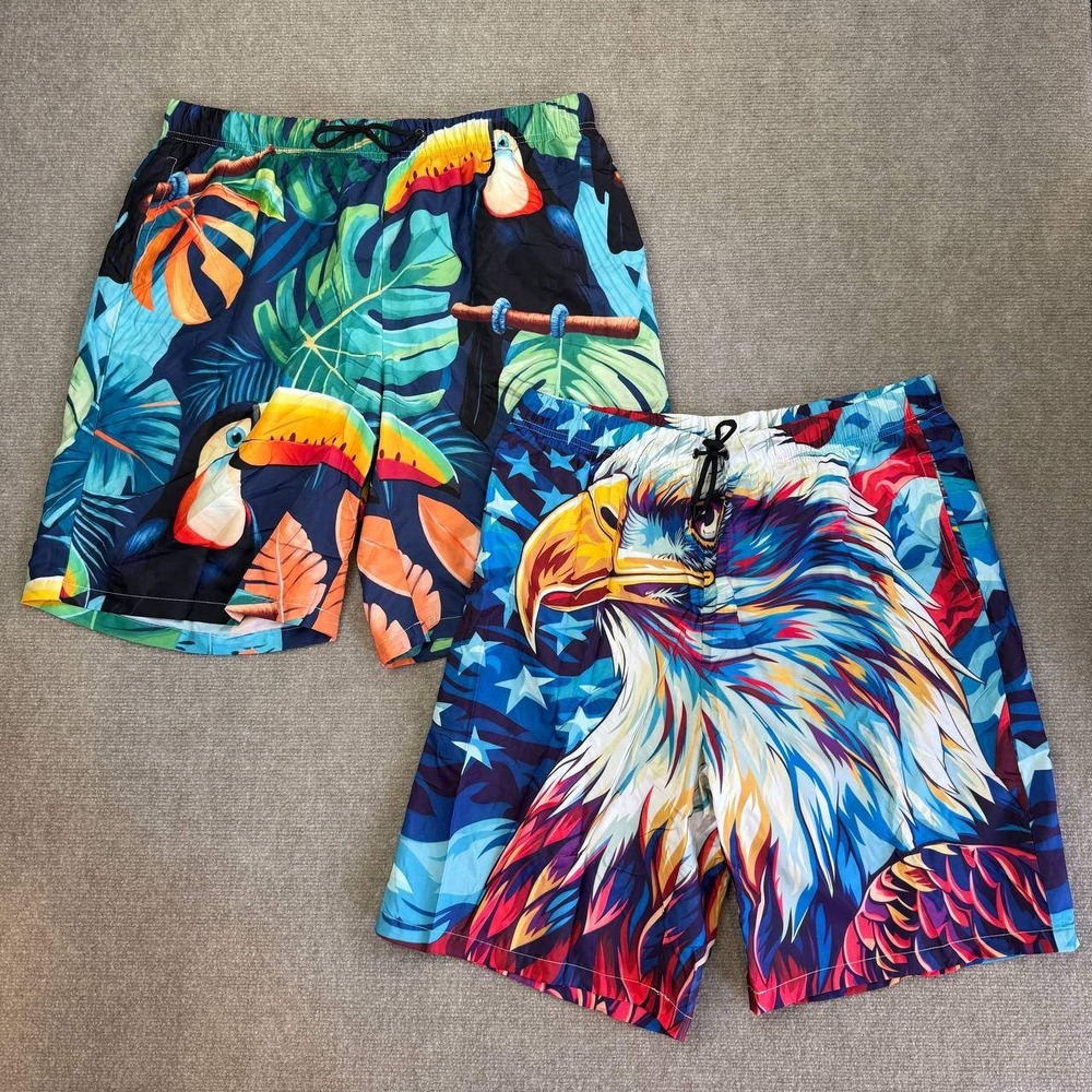 Set of 2 Men's L Toucan Eagle Swim Trunks Quick Dry Beach Shorts Mesh Lining wi